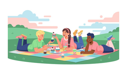 Friends Enjoying Cupcakes And Cool Drinks During Relaxing Picnic Afternoon Together