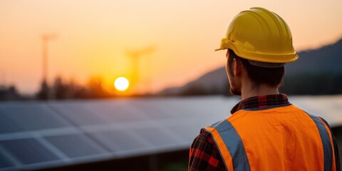 Worker Contemplating Sunset Over Solar Panels