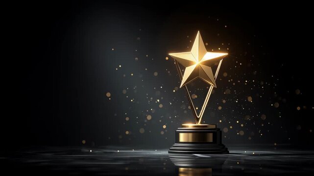 A golden star trophy on a dark reflective surface with sparkles.