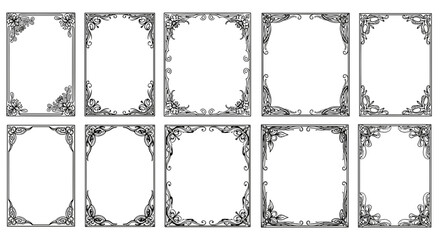 Illustration showing a collection of ten decorative rectangular frames with floral corner designs