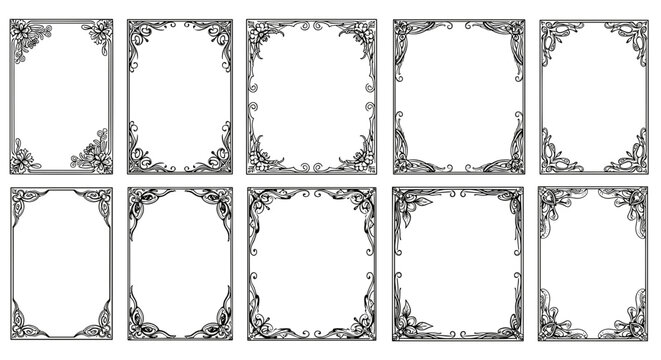 Illustration showing a collection of ten decorative rectangular frames with floral corner designs
