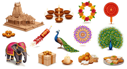Illustration showing diwali elements including temple, diya, firecrackers, peacock and sweets items