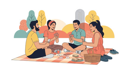 Friends Playing Cards at a Picnic, Illustration Focused on Leisure and Togetherness