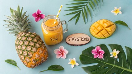Refreshing Tropical Juice with Pineapple and Mango Surrounded by Colorful Flowers and Leaves for a Healthy Lifestyle