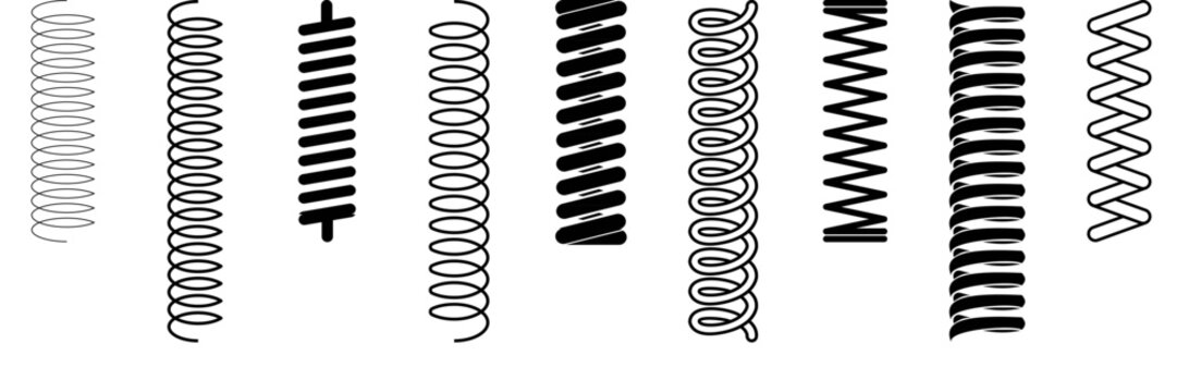 seamless spring coil hanging. Black coil, shock absorber or extension spring shapes. vector collection