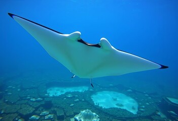 Graceful manta ray glides through ocean, wings outstretched, wildlife photo, wings