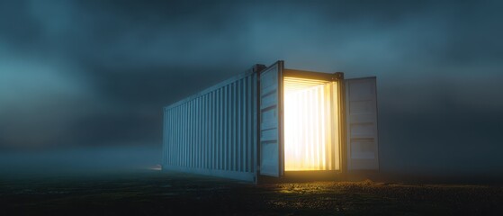 A mysterious shipping container stands open in a foggy landscape, emitting a warm, glowing light, evoking feelings of curiosity and intrigue.