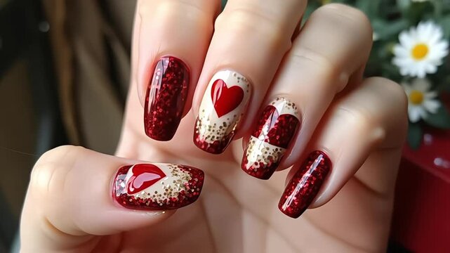 Manicured hand showcases elegant red glitter and heart nail art for Valentine's Day