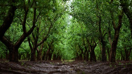 Obraz premium Apple tree orchard Greenery After the Rain