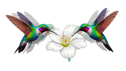 Colorful hummingbirds hovering near a blossoming flower