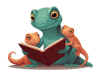 cartoon illustration of a green lizard reading a book with two orange baby lizards.