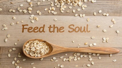 Wooden Spoon with Oat Grains and Inspirational Quote on Rustic Wooden Surface for Healthy Eating and Wellness