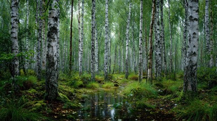 Obraz premium Birch bark forest Greenery After the Rain