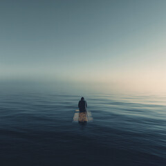A photo of a man kneeling on a wooden plank alone in the middle of a vast ocean