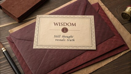 Elegant paper envelopes with a wisdom quote card on a wooden surface, showcasing thoughtful stationery and design elements