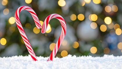 Two candy canes arranged in a heart shape on snow, with a festive background of blurred Christmas lights