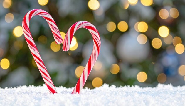 Two candy canes arranged in a heart shape on snow, with a festive background of blurred Christmas lights