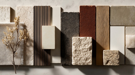 Mood board with diverse textures  materials. Suitable for interior design projects, fashion inspiration, creative brainstorming, and craft ideas.