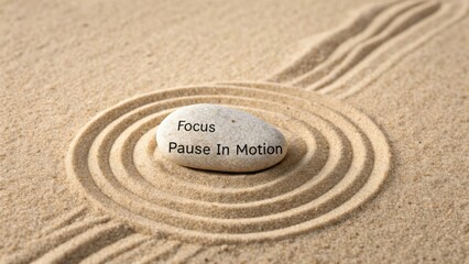 Obraz premium Smooth Stone with Inspirational Text Surrounded by Gentle Sand Ripples in Calm Natural Environment for Mindfulness and Meditation