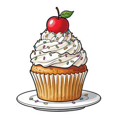 Cartoon cupcake with swirled white frosting colorful sprinkles and a red cherry on top.