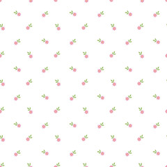 Delicate Pink Floral Pattern With Green Leaves On White Background For Textile, Wallpaper, And Stationery