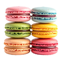 Six vibrant, stacked French meringue cookies with colorful shells and fillings