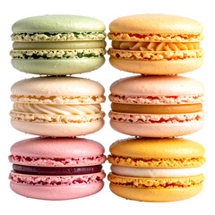 A vibrant stack of six colorful, round French confections, filled with creamy layers