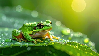 Obraz premium Vibrant Green Tree Frog Covered in Dew Drops on Lush Leaf in Soft Bokeh Lighting