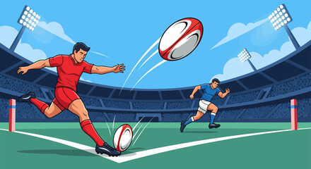Rugby Player Kicking Oval Ball Towards Goal with Opponent Chasing in Stadium.