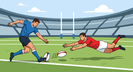 Rugby Players in Action Kicking and Diving for the Try in Stadium.