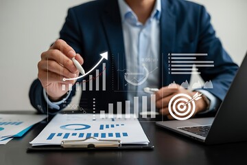 Businessman analyzing profit and quality management concepts long term cost planning, product quality, budgeting, financial forecasting, and company revenue and expense projections.