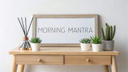 Elegant morning workspace featuring mantra sign, potted plants, and aromatic diffuser on wooden desk against white wall
