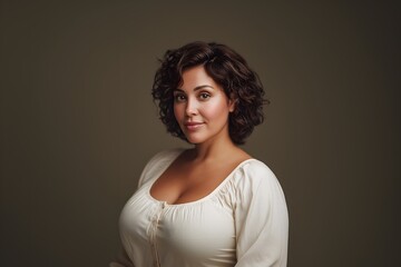 Obraz premium Closeup portrait of plus-sized middle-aged woman with warm skin and calm confident expression