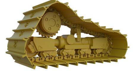 Dozer track 3D rendered image. The model showcases the sprocket, idler, rollers, track frame and track links. Suitable for industrial education, construction and manufacturing concepts
