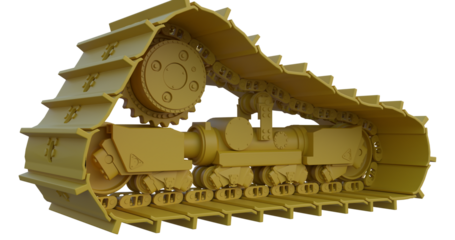 Dozer track 3D rendered image. The model showcases the sprocket, idler, rollers, track frame and track links. Suitable for industrial education, construction and manufacturing concepts