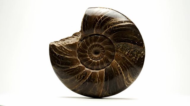 Ancient Nautilus Ammonite Fossil Shell Rotating on White Background