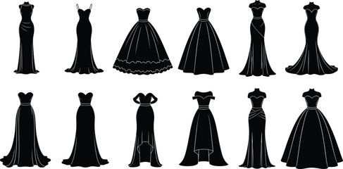 Black dress silhouettes, formal gown styles, elegant fashion collection, neckline variety, ball gowns, sleek cuts, ruffles, chic design, charm, beauty