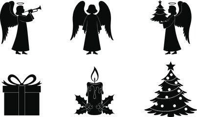Christmas silhouette vector, angel with halo, trumpet, gift box, candle with holly, decorated tree, festive theme, black illustration
