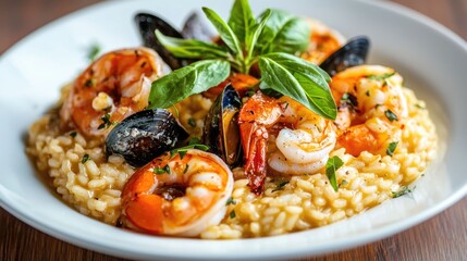 Delectable seafood risotto made with premium ingredients and expertly garnished with fresh herbs presented on an elegant porcelain plate for a refined culinary experience