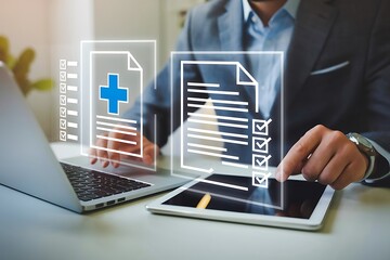 Doctor using online medical record system to check and update patient data. Smart healthcare concept for assessing treatment quality, patient care and hospital service evaluation.
