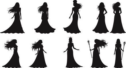 Elegant woman silhouette, flowing dress, crown and staff, fantasy character, artistic pose, black illustration, graceful style, vector design
