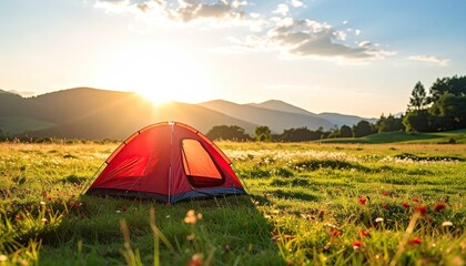 Vibrant Red Tent Under a Bright Golden Sunlight at Meadow Grass Field with Distant Mountains Under a Partly Cloudy Sky Outdoor Adventure Scenery