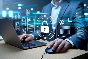 Businessmen verify document confidentiality systems with security software, protect themselves from cyber attacks, manage organizational documents and employee information, cybersecurity concepts.