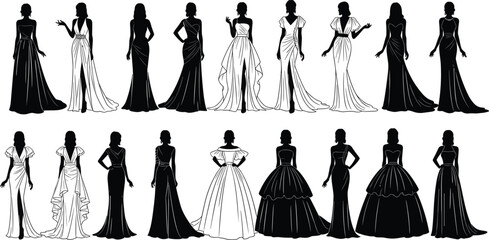 Evening gown silhouette, fashion illustration, black and white dress, formal wear, elegant style, strapless, halter, ruffle, vector art