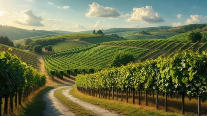 Fototapeta premium Picturesque vineyard landscape at golden hour. A winding dirt road leads through rows of lush green grapevines on rolling hills under a partly cloudy sky. Sunlight bathes the scene in warm hues