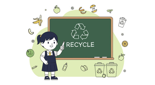 Girl Explaining Recycling and Environmental Sustainability in an Educational Illustration