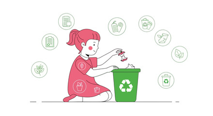 Naklejka premium Girl Recycling Organic Waste in a Bin Helping Earth with Environmentally Friendly Process
