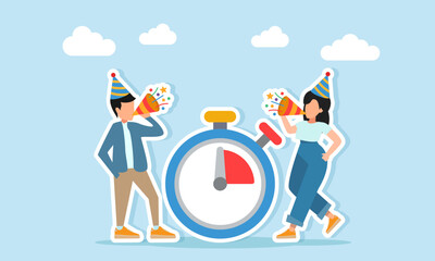 Man and woman wearing party hats blowing trumpets together near a stopwatch illustration of appreciation for New Year celebration