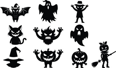 Halloween silhouette collection, spooky characters, ghost, bat, monster, pumpkin, witch hat, black figures, scary icons, festive design, eerie charm