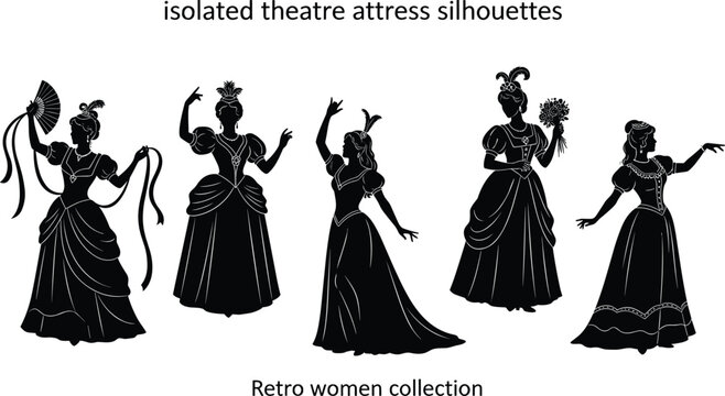 Retro women silhouettes, theatrical fashion poses, vintage costume design, elegant gowns, historical style, fan accessories, ribbon detail, drama, flair, charm